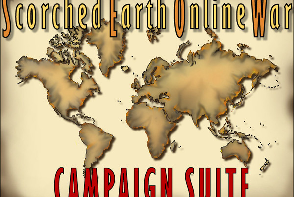 Startup screen for gaming application “Scorched Earth Online War” graphic with world map and text