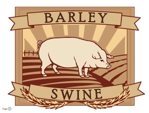 small barley swine logo of pig on farm with wheat sprigs and banners