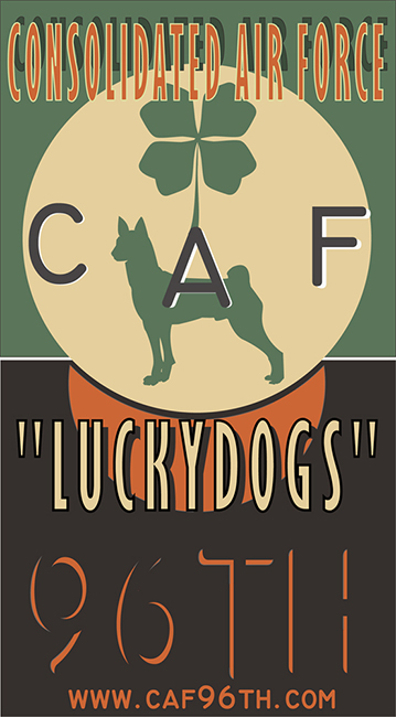 small lucky dogs poster of C.A.F. logo in green, gray, tan and orange