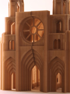 3d printed cathedral in gold - 3/4 view portal close-up