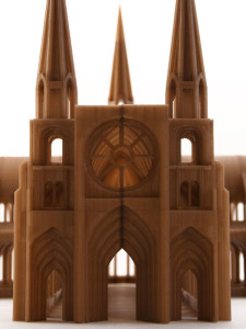 3d printed cathedral in gold - front view portal detail