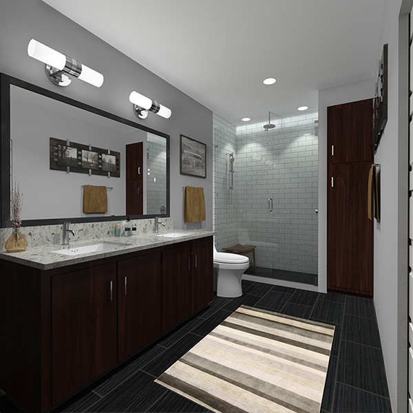 Glen Allen Project Condos - austin texas Interior Rendering, maser bath in black and gray furnishings, 3-D Model, 3d Architectural Rendering