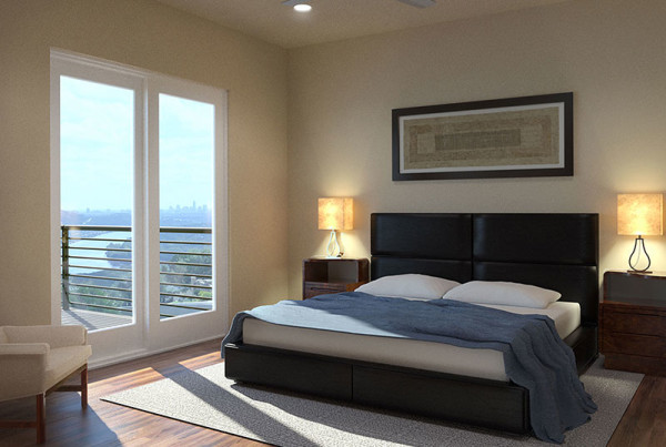 Interior rendering, Guest bedroom, courtyard drive, Shepard Mountain, Austin, TX. View of lake. 3d architectural Rendering