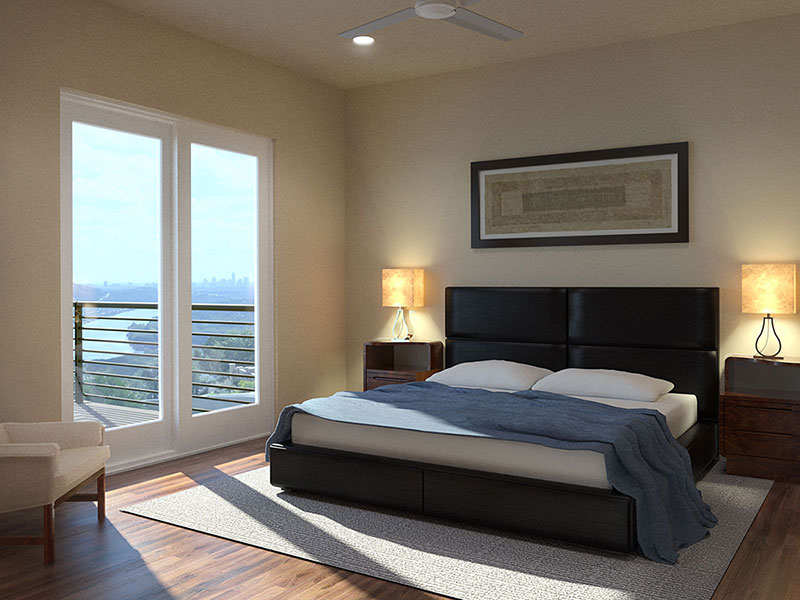 Interior rendering, Guest bedroom, courtyard drive, Shepard Mountain, Austin, TX. View of lake. 3d architectural Rendering