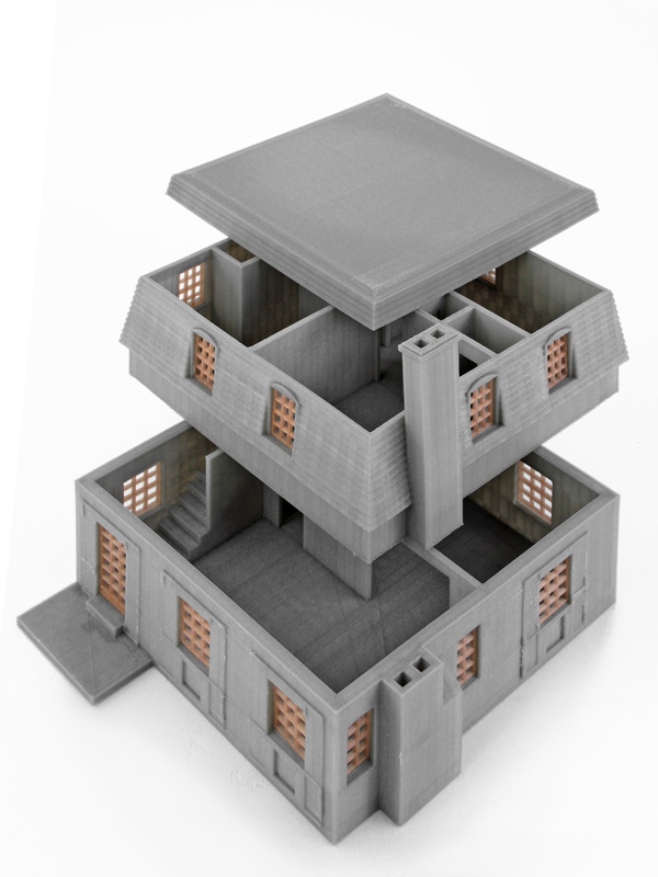3d printed 2 story mansard roof chateau model in gray - stories stacked revealing floorplan