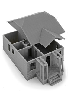 3d printed bungalow house b model 3/4 view - roof exposing floorplan
