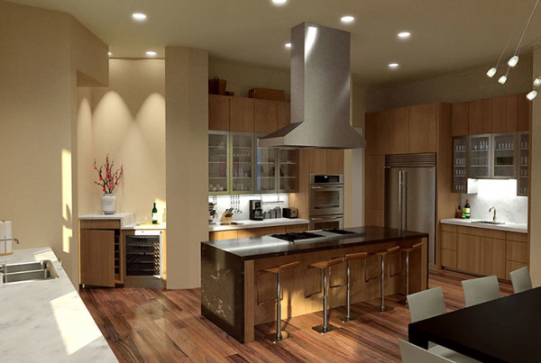 Interior rendering, kitchen, courtyard drive, Shepard Mountain, Austin, TX. 3d architectural Rendering