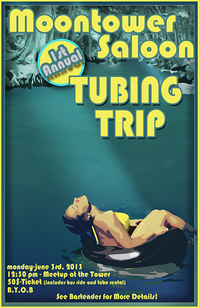 Poster for Moontower tubing trip. Illustration of female swimmer in a tube on river