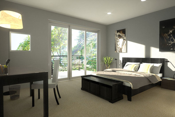 Glen Allen Project Condos - austin texas Interior Rendering, guest bedroom in black and gray furnishings, 3-D Model, 3d Architectural Rendering
