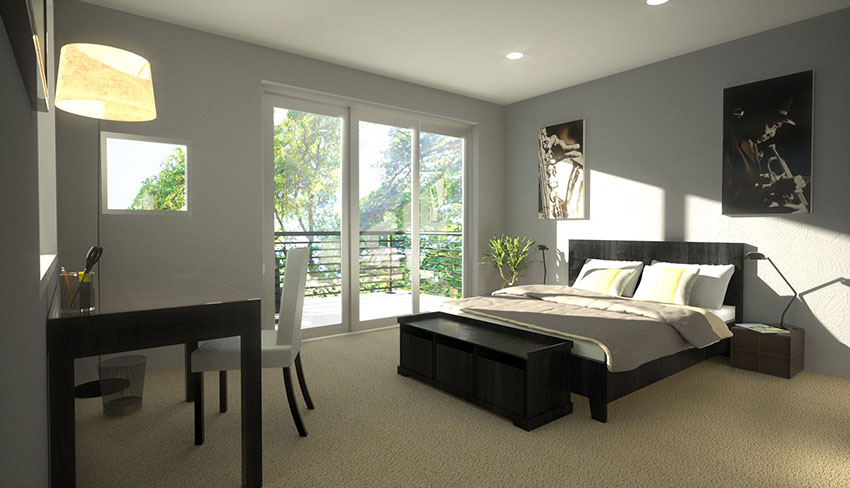 Glen Allen Project Condos - austin texas Interior Rendering, guest bedroom in black and gray furnishings, 3-D Model, 3d Architectural Rendering
