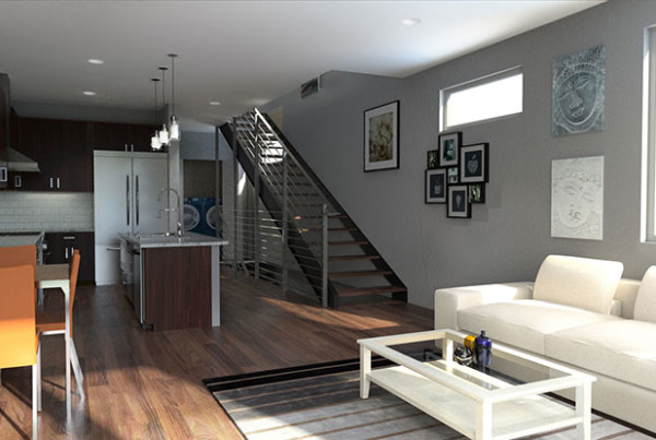 Glen Allen Project Condos - austin texas Interior Rendering, living room, stairs & Kitchen in tan and gray furnishings, 3-D Model, 3d Architectural Rendering