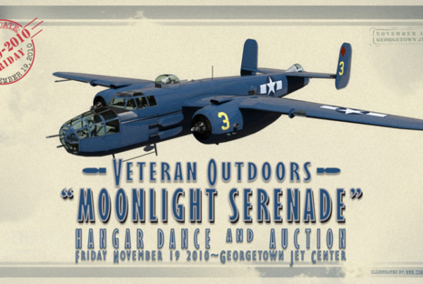 “Save the Date” Invitation for Veteran Outdoors Benefit event. 3-D Model, Digital Painting, Digital Rendering. Illustration of b25 airplane in flight with text