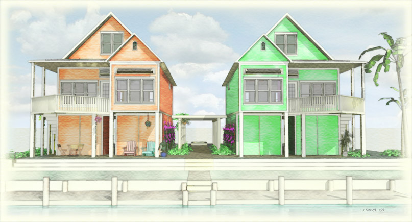Digital Painting, Illustration, Architectural Illustration, digital watercolor of “Double Vision” house plan by Architect/Designer Clay Adams front view