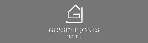 gosset jones homes, austin texas, logo in gray and white grayscale 516 by 150