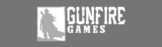 gunfire games, austin texas, logo in gray and white grayscale 516 by 150