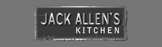 jack allen's kitchen, austin texas, logo in gray and white grayscale 516 by 150