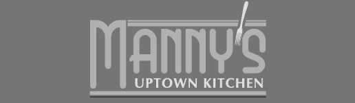 manny's uptown kitchen, austin texas, logo in gray and white grayscale 516 by 150 dark