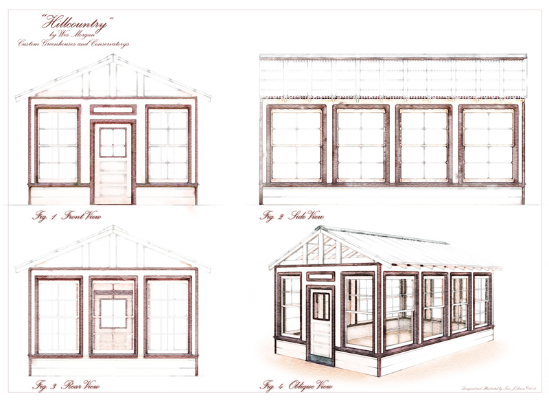 architectural Illustration of greenhouse in pencil line and brown - hill country model for Wes Morgan Custom greenhouses 4 view