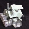 3d printed 2 story bungalow model in gray on black background stacked to reveal layers - 3/4 view