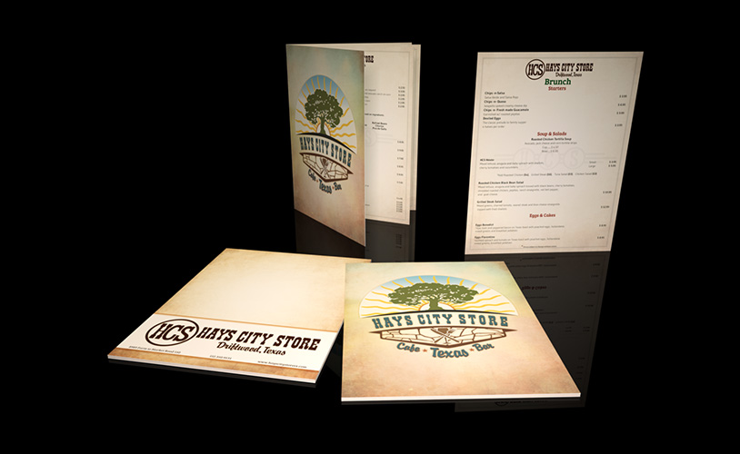 Photo of Hays City Store restaurant menus Driftwood Texas. Brunch and regular menus displayed on black background large