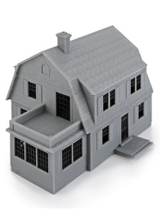 3d printed 2 story farmhouse model in gray 3/4 view rear