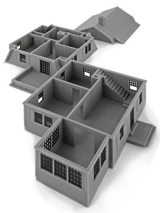 3d printed 2 story farmhouse model in gray divided by stories