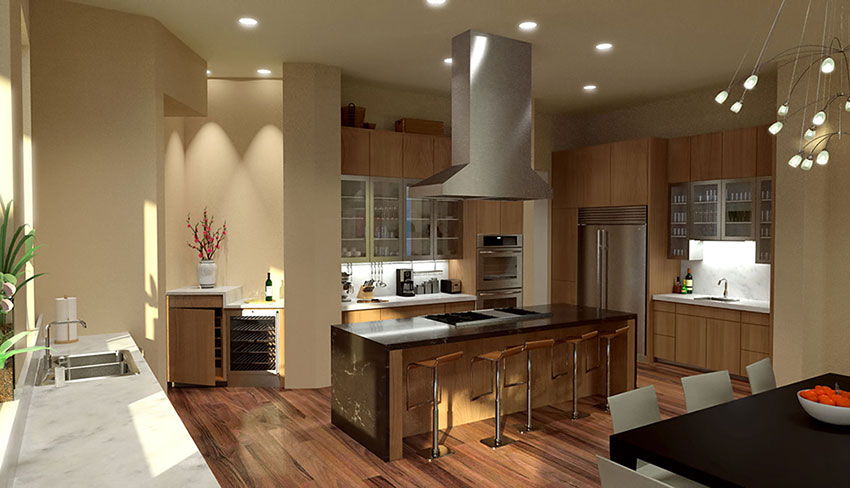 Interior rendering, kitchen, courtyard drive, Shepard Mountain, Austin, TX. 3d architectural Rendering