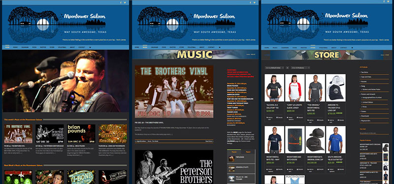 Moontower Saloon website pages full size - Homepage, blog and store pages for website