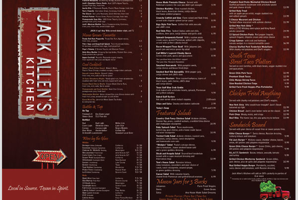 Jack Allen's kitchen austin texas restaurant 4 panel menu