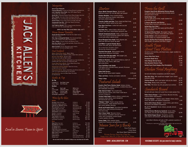 Jack Allen's kitchen austin texas restaurant 4 panel menu